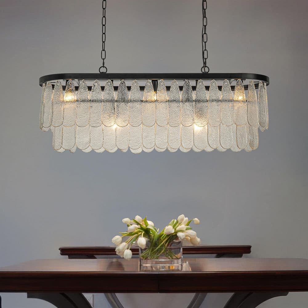 6 Light W 39 in. Matte Black Elegant Rectangle Textured Glass Chandelier wi