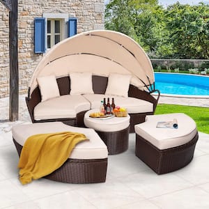 Brown 5-Piece Wicker Outdoor Day Bed Conversational Sofa Set with Retractable Canopy and Beige Cushions