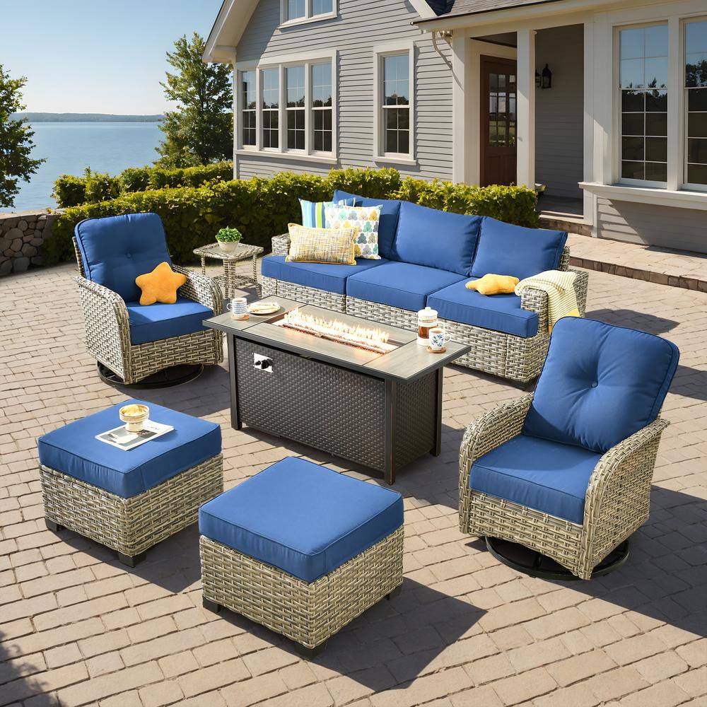 Kelleys 9-Piece Wicker Modern Outdoor Patio Fire Pit Conversation Sofa Set with Swivel Chairs and Navy-Blue Cushions price history on PriceWatchPro