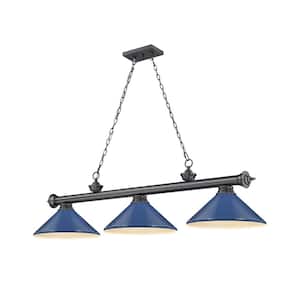 Cordon 3-Light Bronze Plate with Metal Navy Blue Shade Billiard Light with No Bulbs Included