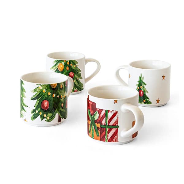 Over and Back 14 oz White Porcelain Mugs Christmas Tree (Set of 4), Multi