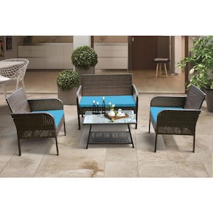 Brown 4 Piece Wicker Rattan Patio Conversation Set with Blue Cushions