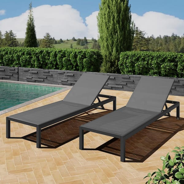 Black 2-Piece Metal Adjustable Outdoor Chaise Lounge