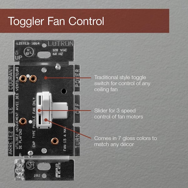 Lutron Toggler 1.5-Amp Single-Pole/3-Way Quiet 3-Speed Slide-To-Off Fan Control- Ivory Lutron Toggler 1.5-Amp Single-Pole/3-Way Quiet 3-Speed Slide-To-Off Fan Control- Ivory