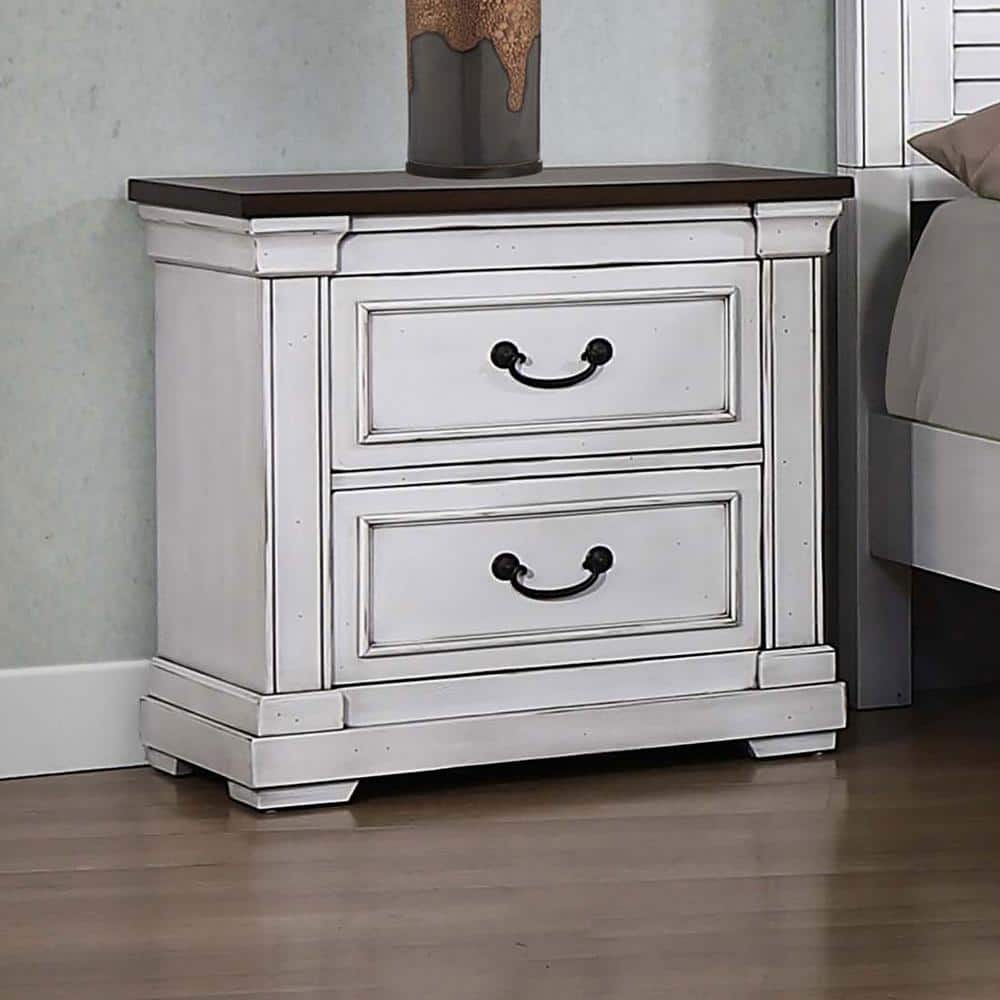 Hillcrest Transitional 2-Drawer Nightstand in White/Brown with USB Ports