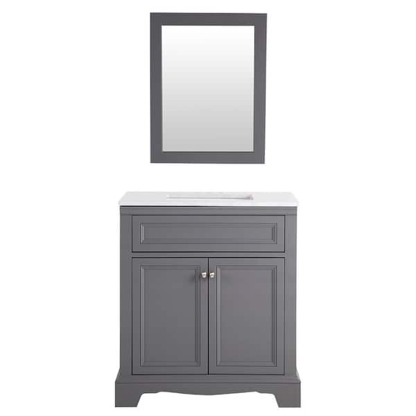 Home Decorators Collection Windsor Park 30 in. W Bath Vanity in Graphite with Stone Effects Vanity Top in Carrera with White Basin and Mirror