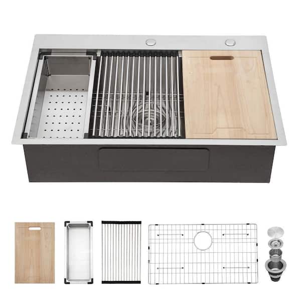 EPOWP Brushed Nickel 18 Gauge Stainless Steel 33 in. Single Bowl Undermount Workstation Kitchen Sink with Bottom Grid