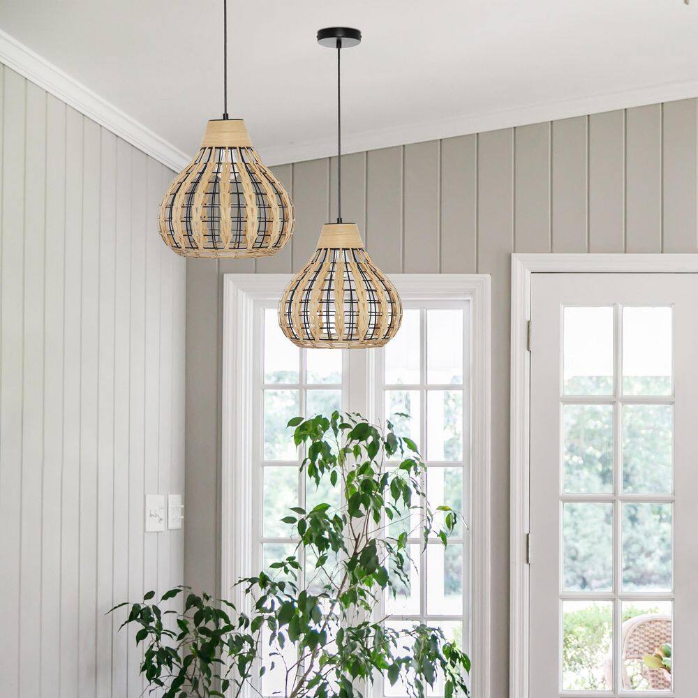 Everett 63" Black Metal Pendant Light with Globe-Shaped Rattan Shade