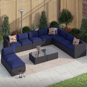 12-Pieces Wicker Patio Conversation Set with Blue Cushions