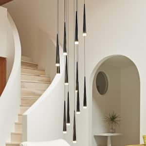 Jose 12-Light Matte Black Dimmable Long Cone High Ceiling Integrated LED Chandelier for Stairs