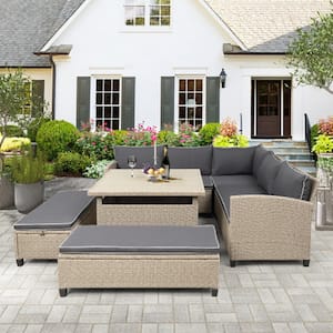 Brown Patio Rattan 6-Piece Wicker Outdoor Conversation Sectional Seating Set with Gray Cushions, Table and Benches
