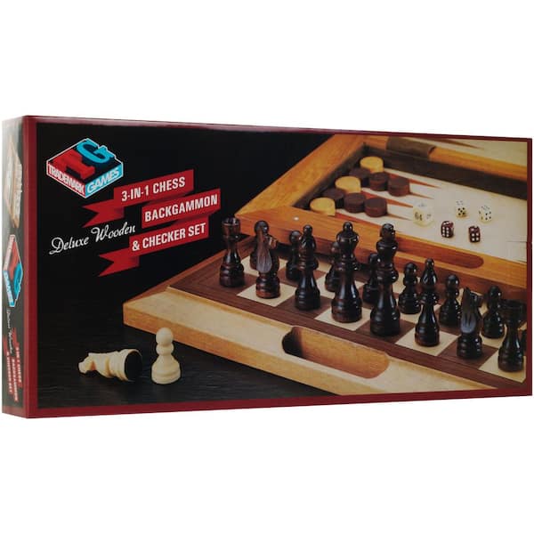3 in 1 WOODEN CHESS CHECKER BACKGAMMON TABLE Complete Set with 4" King 27" Tall 