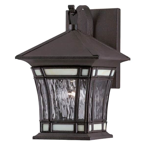 Westinghouse 1-Light Textured Rust Patina Solid Brass Steel Exterior Wall Lantern with Water Glass and Tiffany Accents