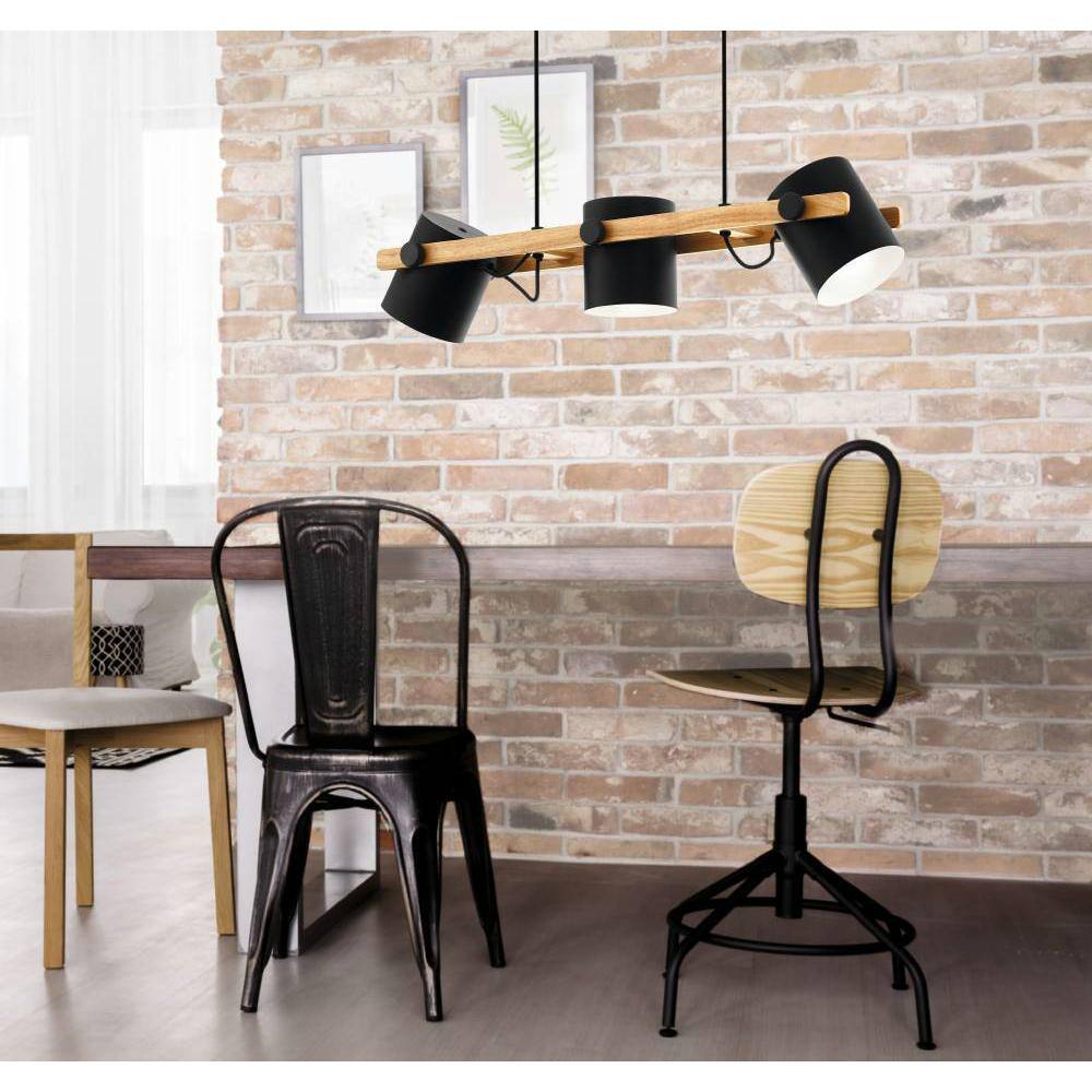 Hornwood 3-Light Matte Black and Natural Wood Pendant