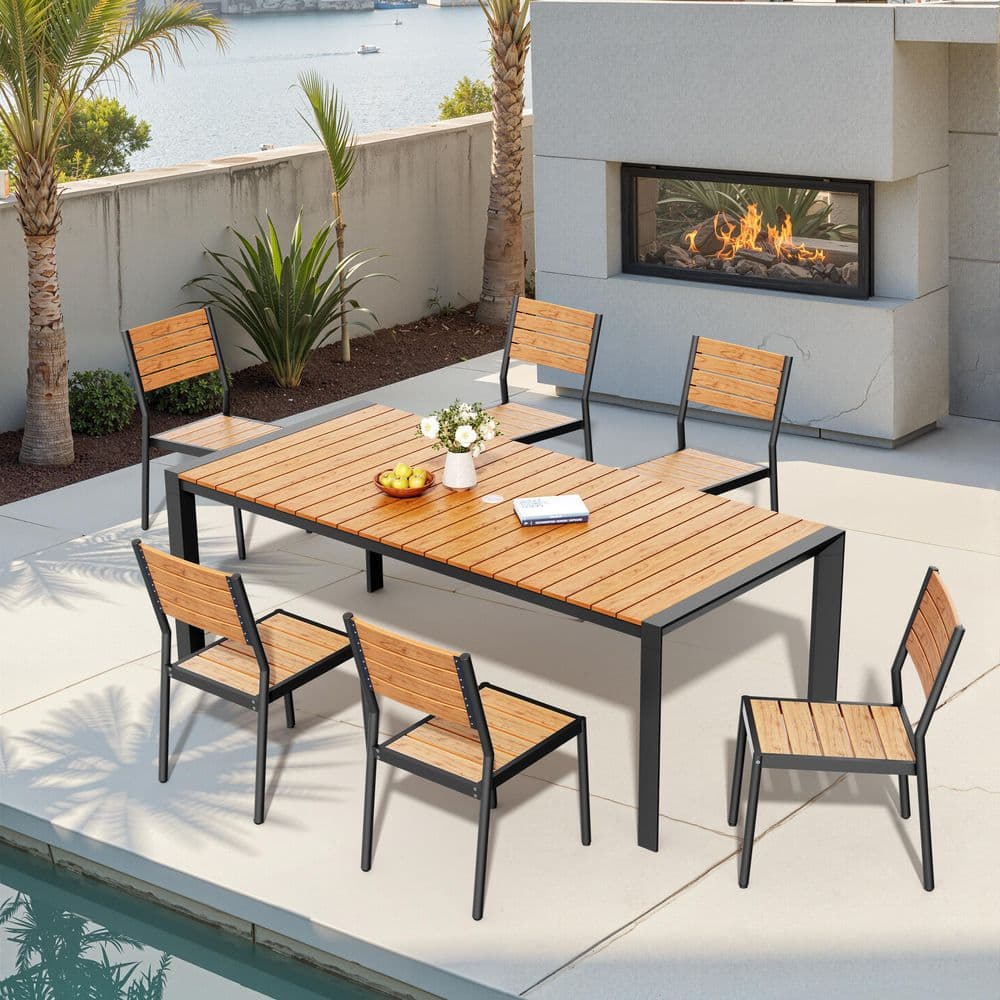 Brown 7-Piece 84 in. Rectangular Aluminum Wood-Like Patio Outdoor Dining Set with Stackable Chairs and Umbrella Hole price history on PriceWatchPro