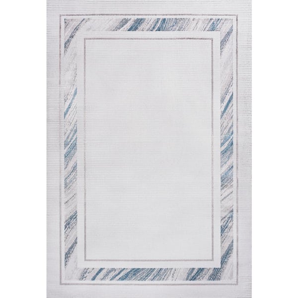 Athens Classic Border Marble Pattern High-Low Silver/Blue 8 ft. x 10 ft. Area Rug