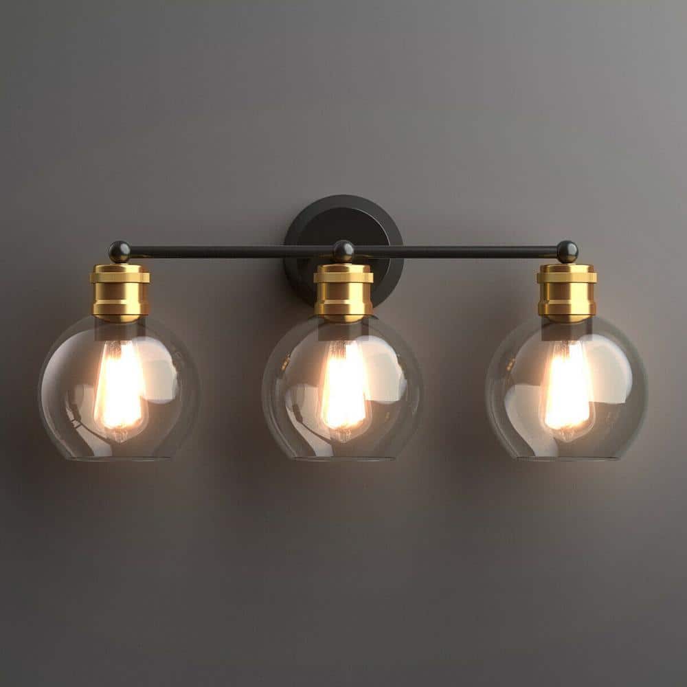Black and Gold 24.5" Modern 3-Light Vanity Sconce with Clear Glass Shades