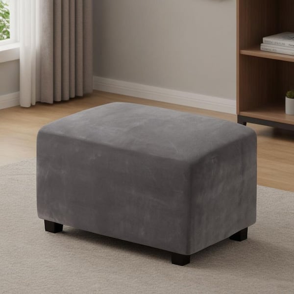 Gray Large Real Velvet Plush Ottoman Slipcover, Stretch Rectangle Folding Storage Cover, Removable Footrest Cover