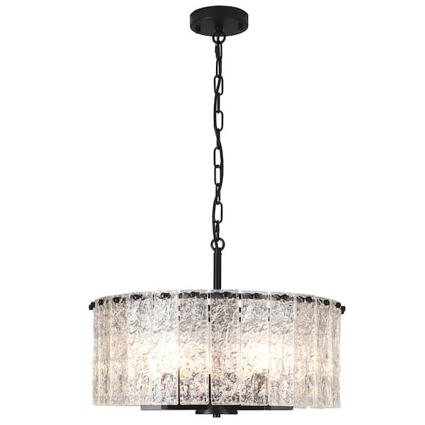 LWYTJO 5-Light Black Farmhouse Chandelier Drum Pendant Light with Glass Shade