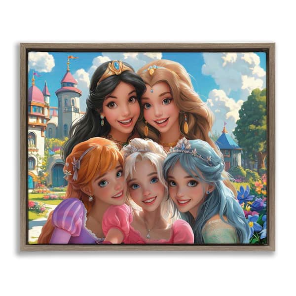 Stupell Industries Princess Selfie by Castle by Image World Brown Floater Frame People Graphic Art Print 17 in. x 21 in.