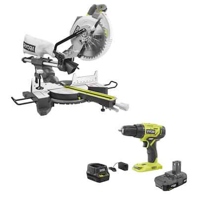 15 Amp 10 in. Sliding Compound Miter Saw and 18V Cordless ONE+ 1/2 in. Drill/Driver Kit w/(1)1.5 Ah Battery, Charger