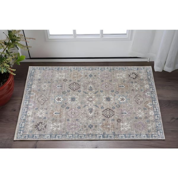 2 ft. x 3 ft. Gray Blue And Taupe Floral Distressed Area Rug