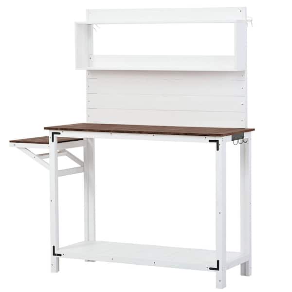Zeus & Ruta White Wooden Rustic Outdoor Garden Potting Bench Table Patio Workstation with Shelves, Side Hook and Foldable Side Table