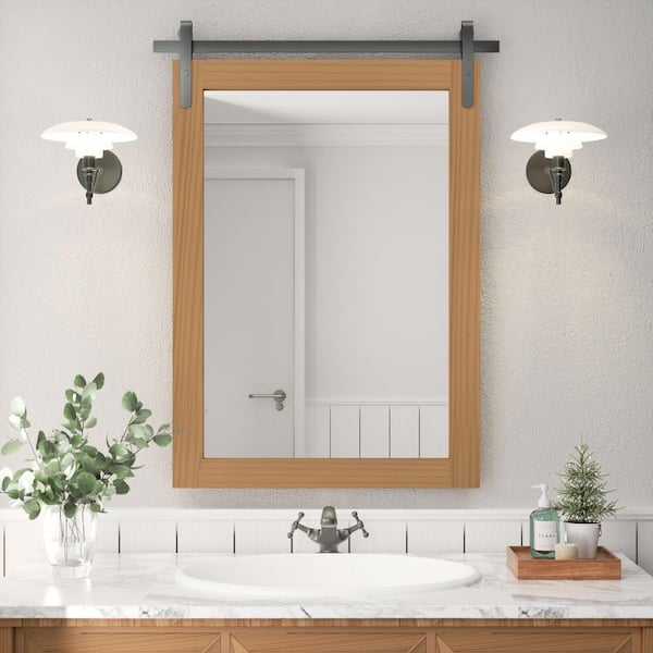 PRIMEPLUS 22 in. W x 30 in. H Large Rectangle Mirror Wood Framed Wall Mirror Bathroom Mirror Vanity Mirror Accent Mirror in Brown