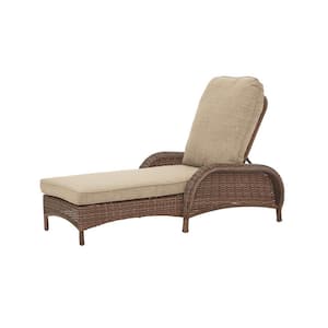 Beacon Park Brown Wicker Outdoor Patio Chaise Lounge with Sunbrella Beige Tan Cushions