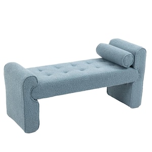 Modern Light Blue Boucle Upholstered Bedroom Bench with Pillows
