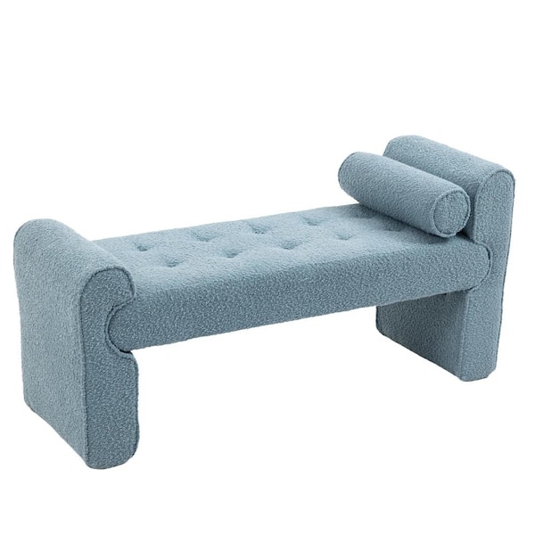 HOMEFUN Modern Light Blue Boucle Upholstered Bedroom Bench with Pillows