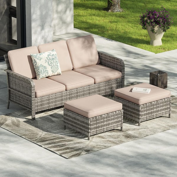 3-Pieces All-Weather Patio Conversation Couch with Ottoman Set Gray Wicker with Sand Cushion