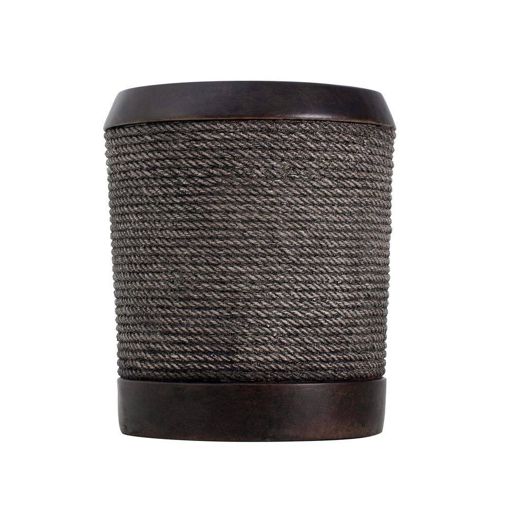 Dark brown round side table with thick braided cord.