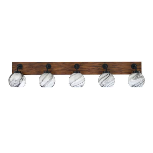 Unbranded Kirby 46.5 in. 5 Light Black and Painted Wood-look Vanity Light with 5.75 in. Onyx Swirl Glass Shades No Bulbs Included