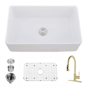 33 in. Single Basin Ceramic Farmhouse Kitchen Sink with Brushed Gold Faucet