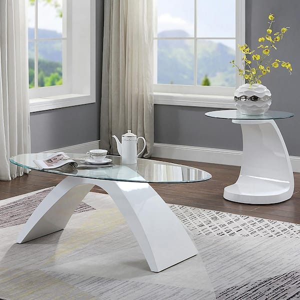 Glennda 2-Piece 48 in. Clear/White Large Oval Glass Coffee Table Set