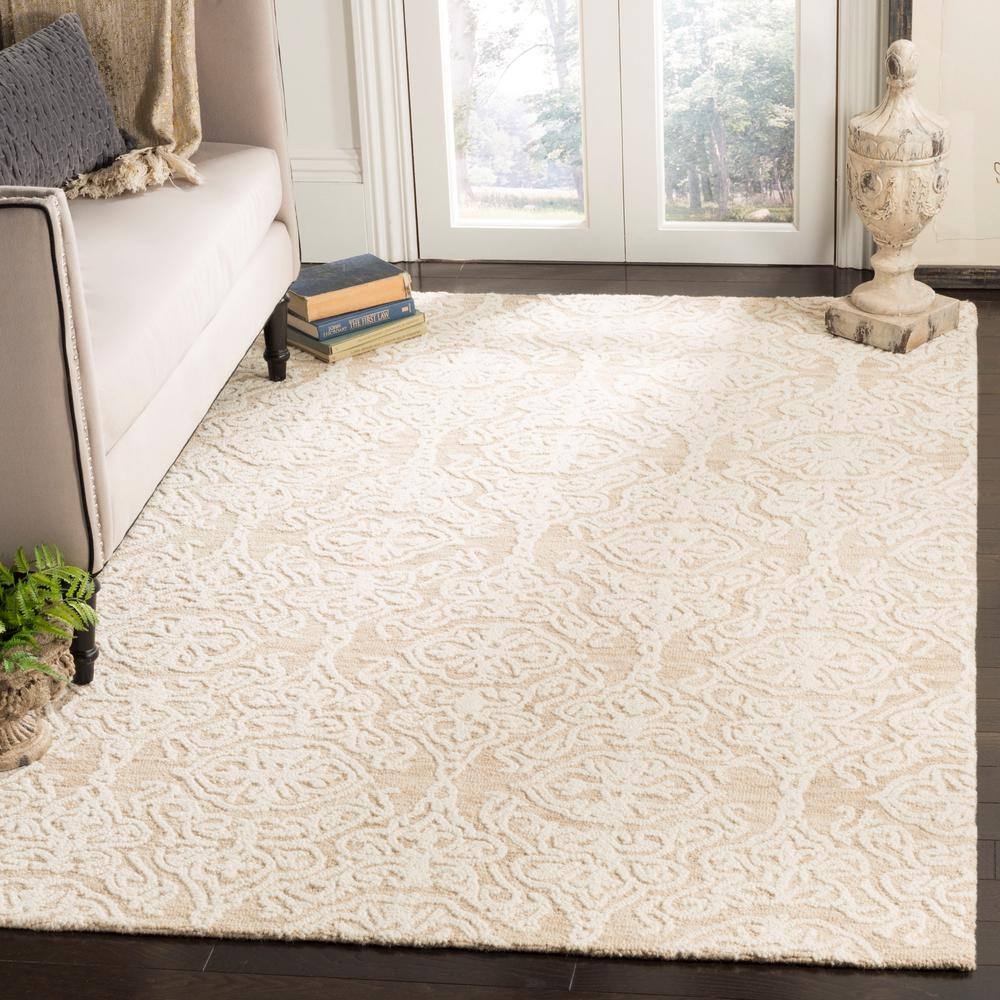 Beige and Ivory Floral Wool 9' x 12' Handmade Tufted Rug