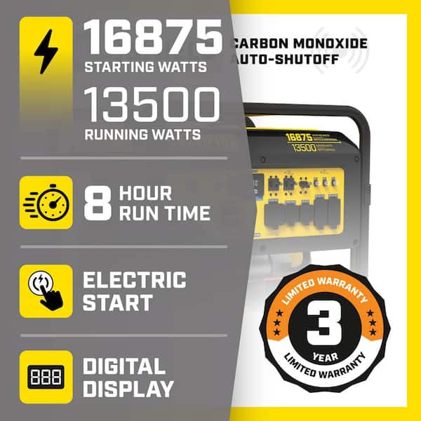 16,875/13,500-Watt Electric Start Gas Portable Generator with Free 3-Year Warranty for Home Backup and Storm Prep