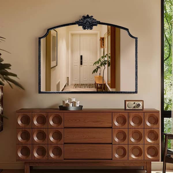 36 in. W x 29 in. H Unique Arched Ornate Baroque Vintage Black Framed Accent Decorative Wall Mirror