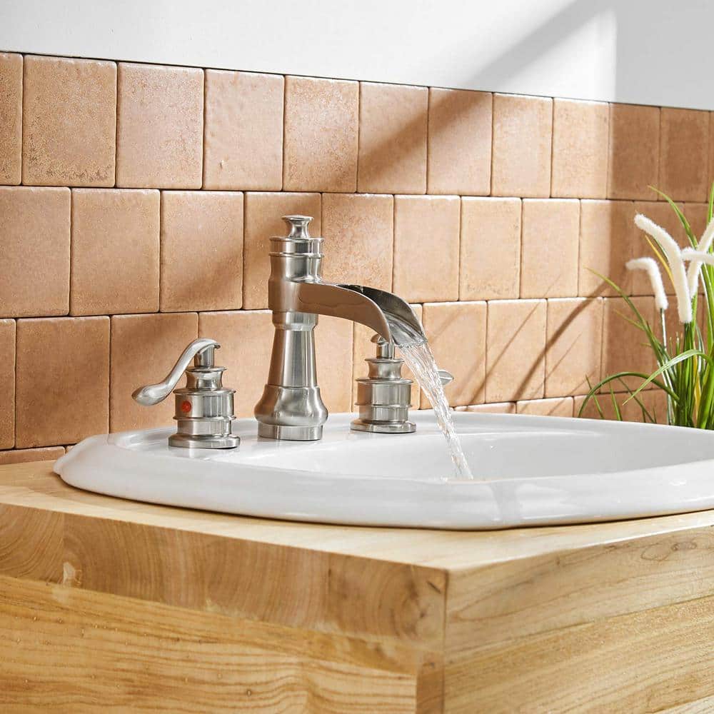 Brushed Nickel 8-Inch Widespread Waterfall Bathroom Faucet