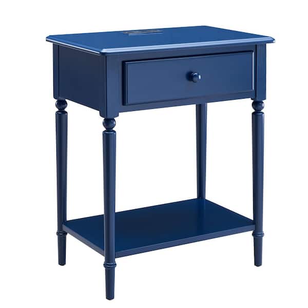 Leick Home Coastal 24 in. W x 28 in. H x 16 in. D Navy Blue Rectangle Wood Side/End Table with Drawer and Shelf and AC/USB Ports
