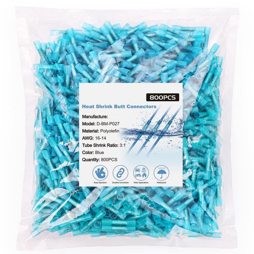 800-Pack Heat Shrink Butt Connectors, Tinned Red Copper, 0.8mm