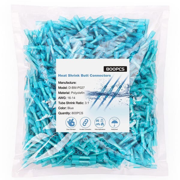 800-Pack Heat Shrink Butt Connectors, Tinned Red Copper, 0.8mm, AWG16-14, Marine Grade, Waterproof, Insulated