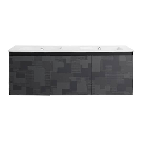 Boosicavelly 47.60 in. W x 18.30 in. D x 17.30 in. H Double Sink Wall Mounted Bath Vanity in Black with White Ceramic Top
