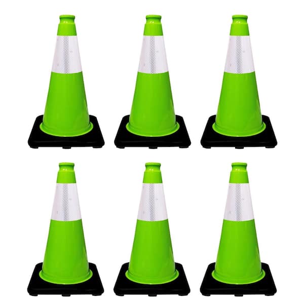 18 in. Lime Green Traffic Cone with Black Base and 6 in. Reflective Collar 3 lbs. (6-Pack)