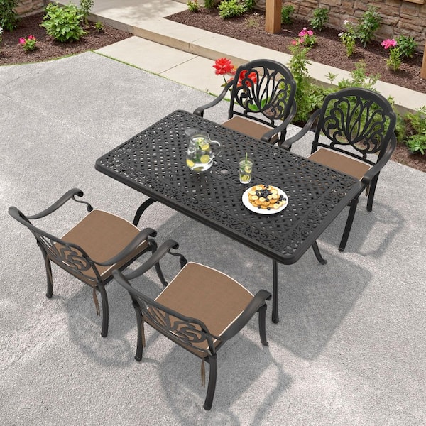 Elizabeth 5-Piece Cast Aluminum Outdoor Dining Set with 59.06 in. x 35.43 in. Rectangular Table and Brown Cushion