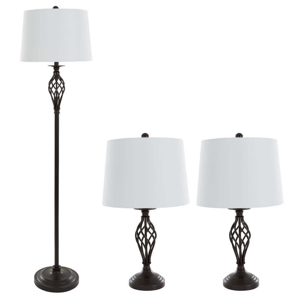 Elegant Spiral Cage Bronze Table and Floor Lamp Set with Cream Drum Shades