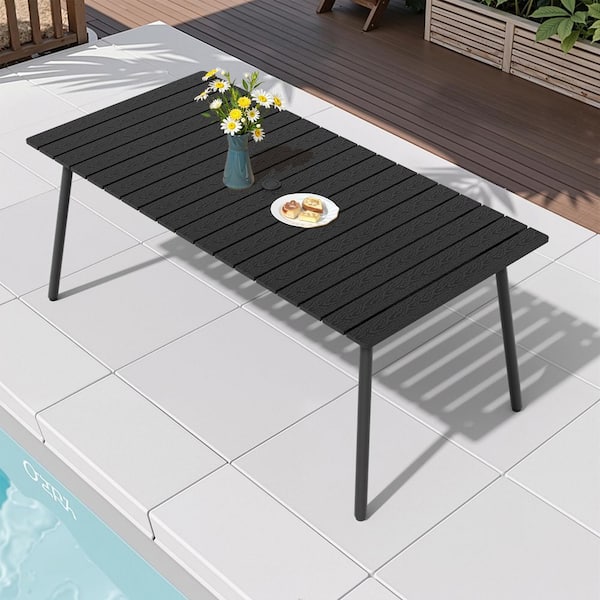 composite slatted patio dining table umbrella hole Rectangular Aluminum Table w/ Umbrella Hole