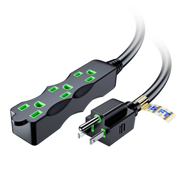15 ft. 16 / 3 Light Duty Indoor I-Shaped Extension Cord, 3-Outlet, 13 Amps, Black with Green Indicators