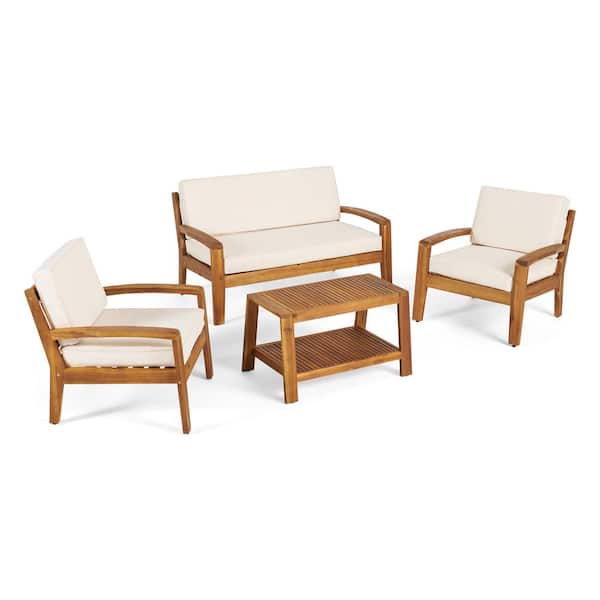 Grenada Teak 4-Piece Wood Outdoor Patio Conversation Set with Beige Cushions
